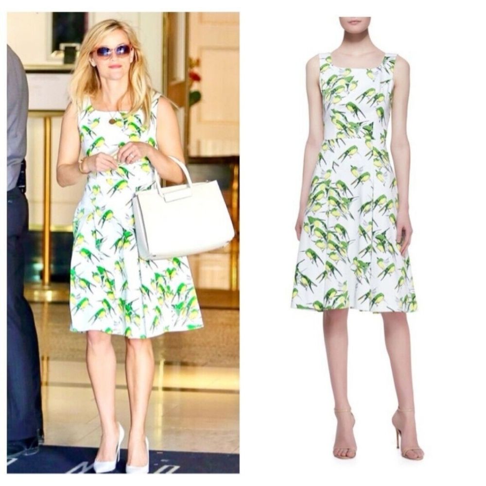 $1,500 CAROLINA HERRERA NEW WHITE GREEN SPARROW PRINT DRESS US 6 M